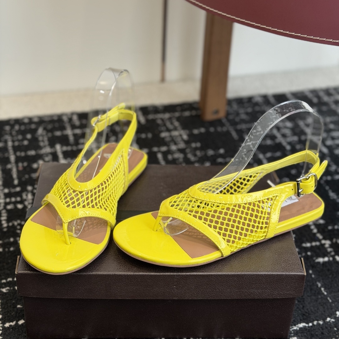 Alaia Toe-Post Fishnet Round Toe Buckle Strap Flat Sandals in Sheer Mesh with Lambskin Lining