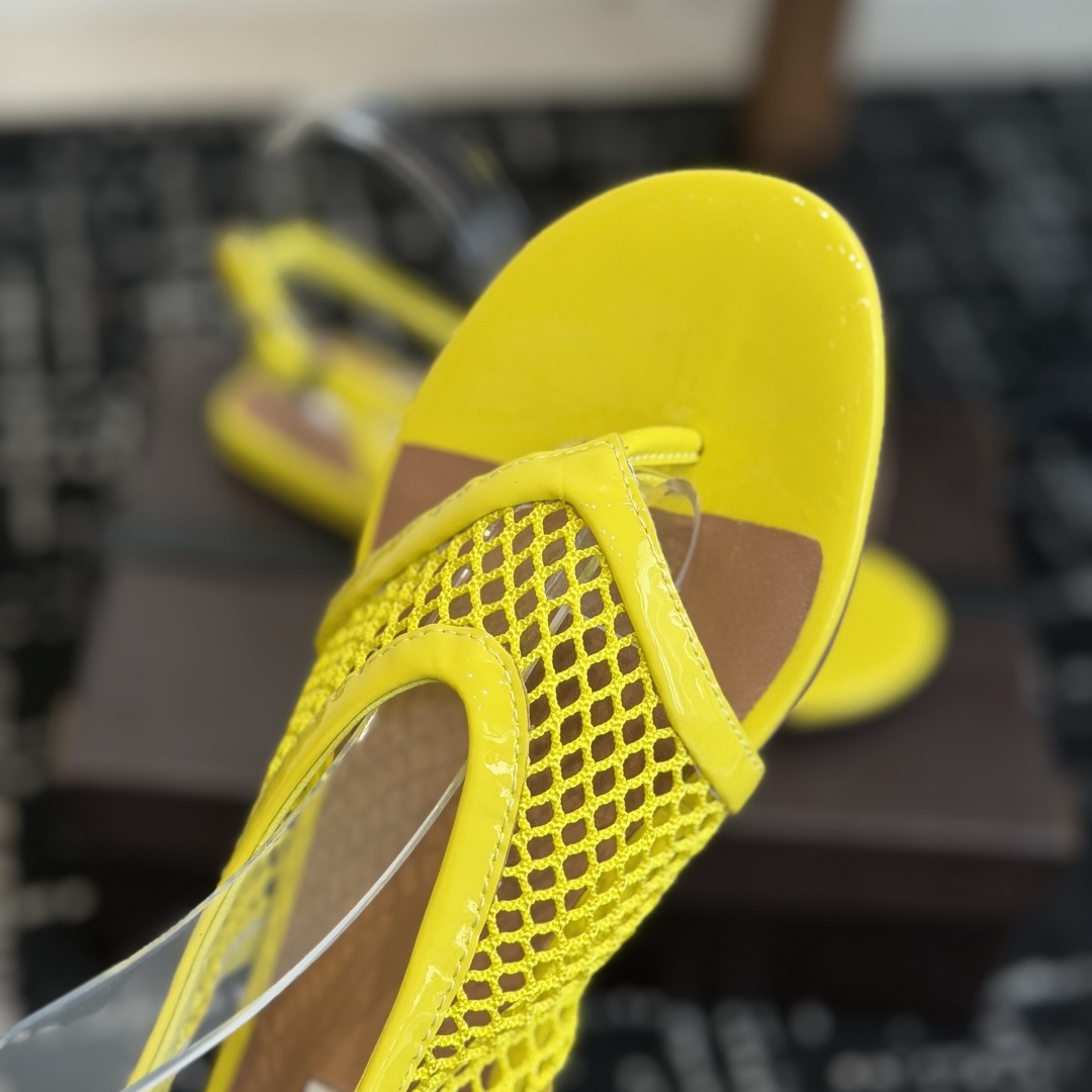 Alaia Toe-Post Fishnet Round Toe Buckle Strap Flat Sandals in Sheer Mesh with Lambskin Lining