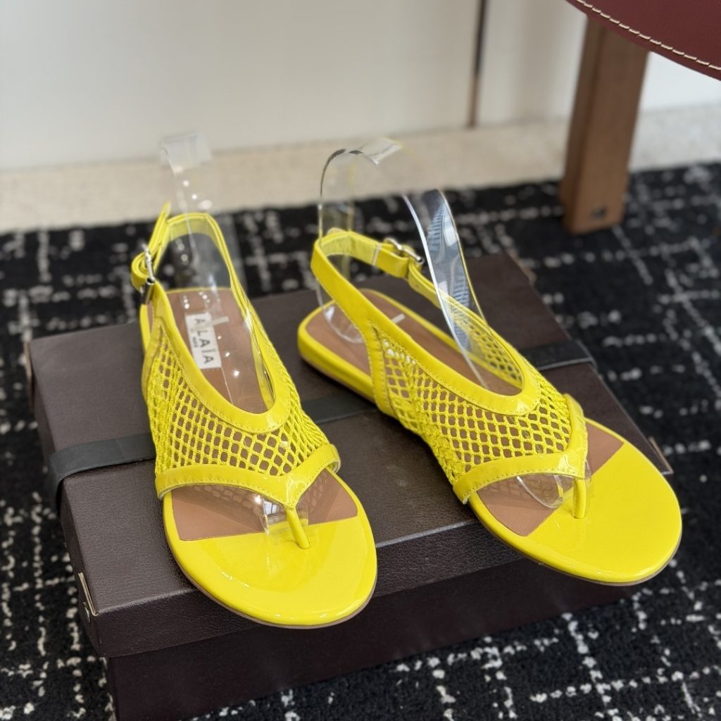 Alaia Toe-Post Fishnet Round Toe Buckle Strap Flat Sandals in Sheer Mesh with Lambskin Lining