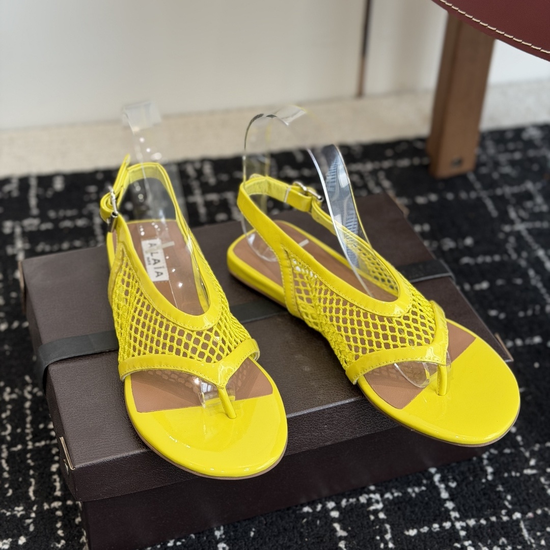 Alaia Toe-Post Fishnet Round Toe Buckle Strap Flat Sandals in Sheer Mesh with Lambskin Lining