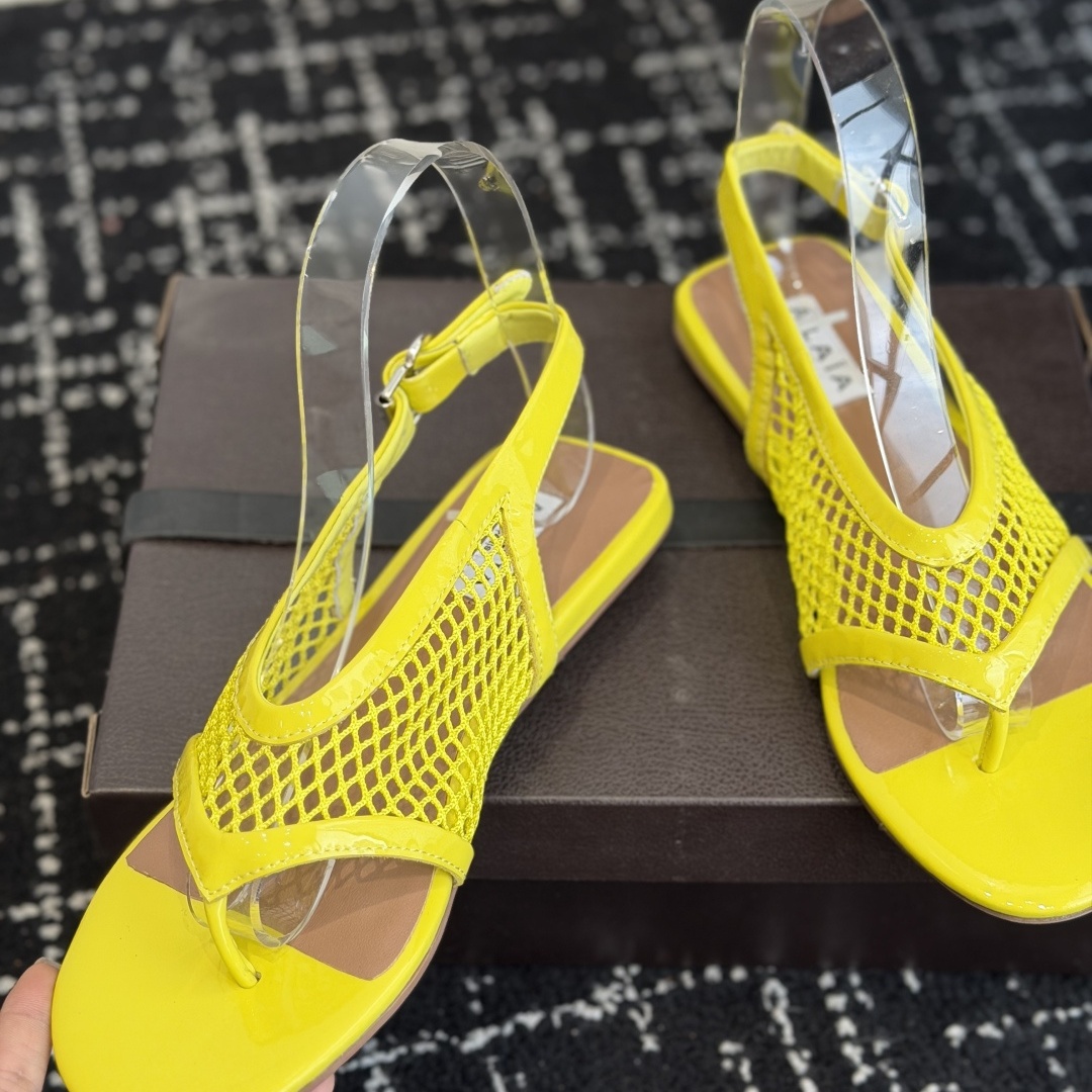 Alaia Toe-Post Fishnet Round Toe Buckle Strap Flat Sandals in Sheer Mesh with Lambskin Lining