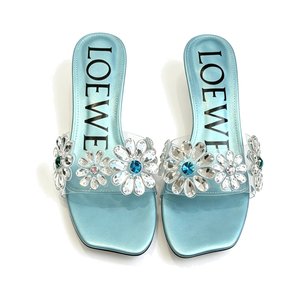Loewe Crystal Flower High Heel Open-Toe Slide Slippers in Crystal PVC with Italian Leather Sole