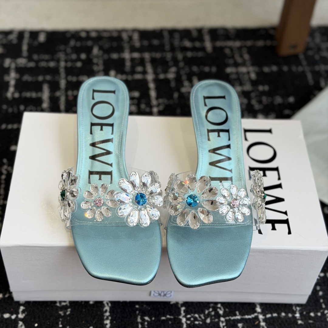 Loewe Crystal Flower High Heel Open-Toe Slide Slippers in Crystal PVC with Italian Leather Sole