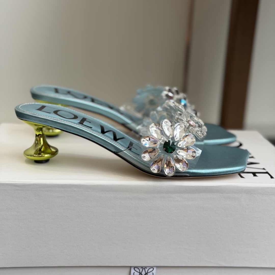Loewe Crystal Flower High Heel Open-Toe Slide Slippers in Crystal PVC with Italian Leather Sole