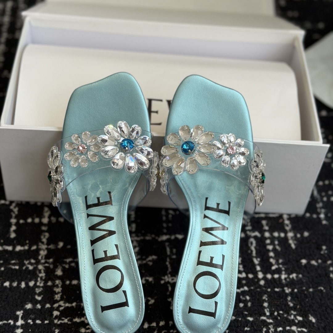 Loewe Crystal Flower High Heel Open-Toe Slide Slippers in Crystal PVC with Italian Leather Sole