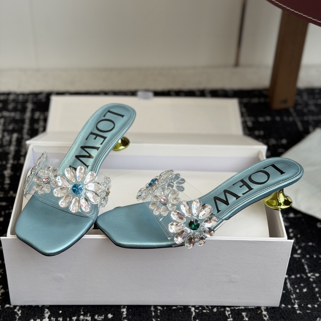 Loewe Crystal Flower High Heel Open-Toe Slide Slippers in Crystal PVC with Italian Leather Sole