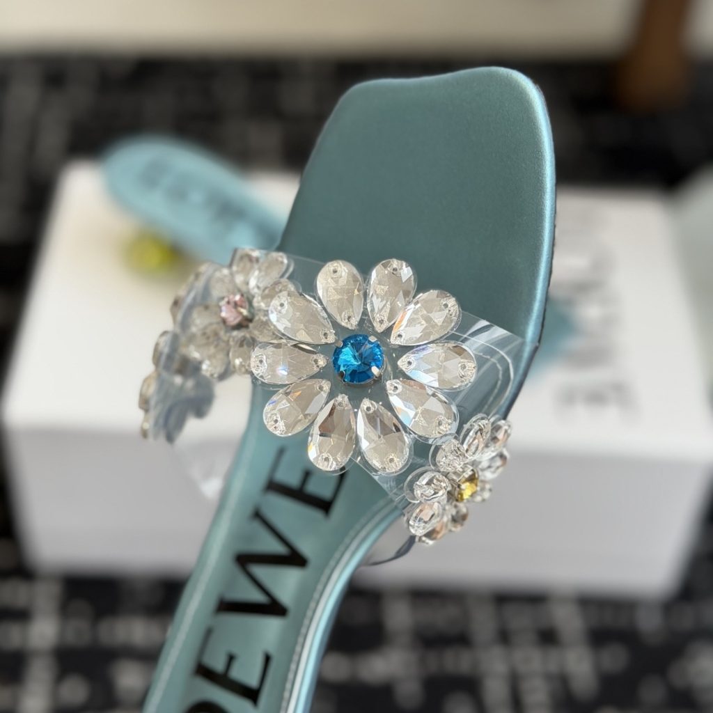 Loewe Crystal Flower High Heel Open-Toe Slide Slippers in Crystal PVC with Italian Leather Sole