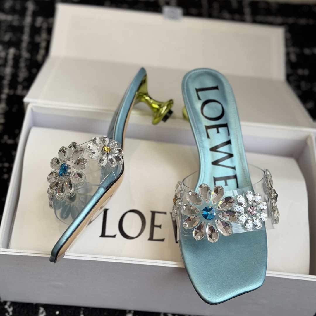 Loewe Crystal Flower High Heel Open-Toe Slide Slippers in Crystal PVC with Italian Leather Sole