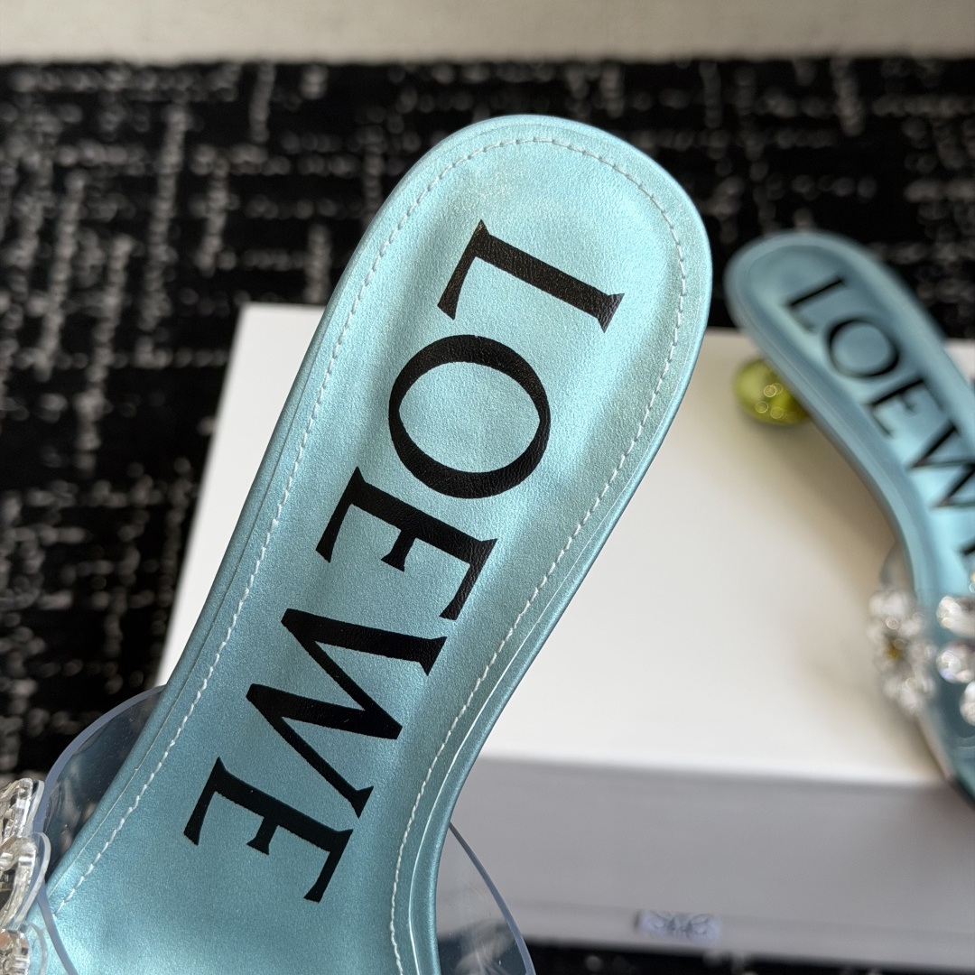 Loewe Crystal Flower High Heel Open-Toe Slide Slippers in Crystal PVC with Italian Leather Sole