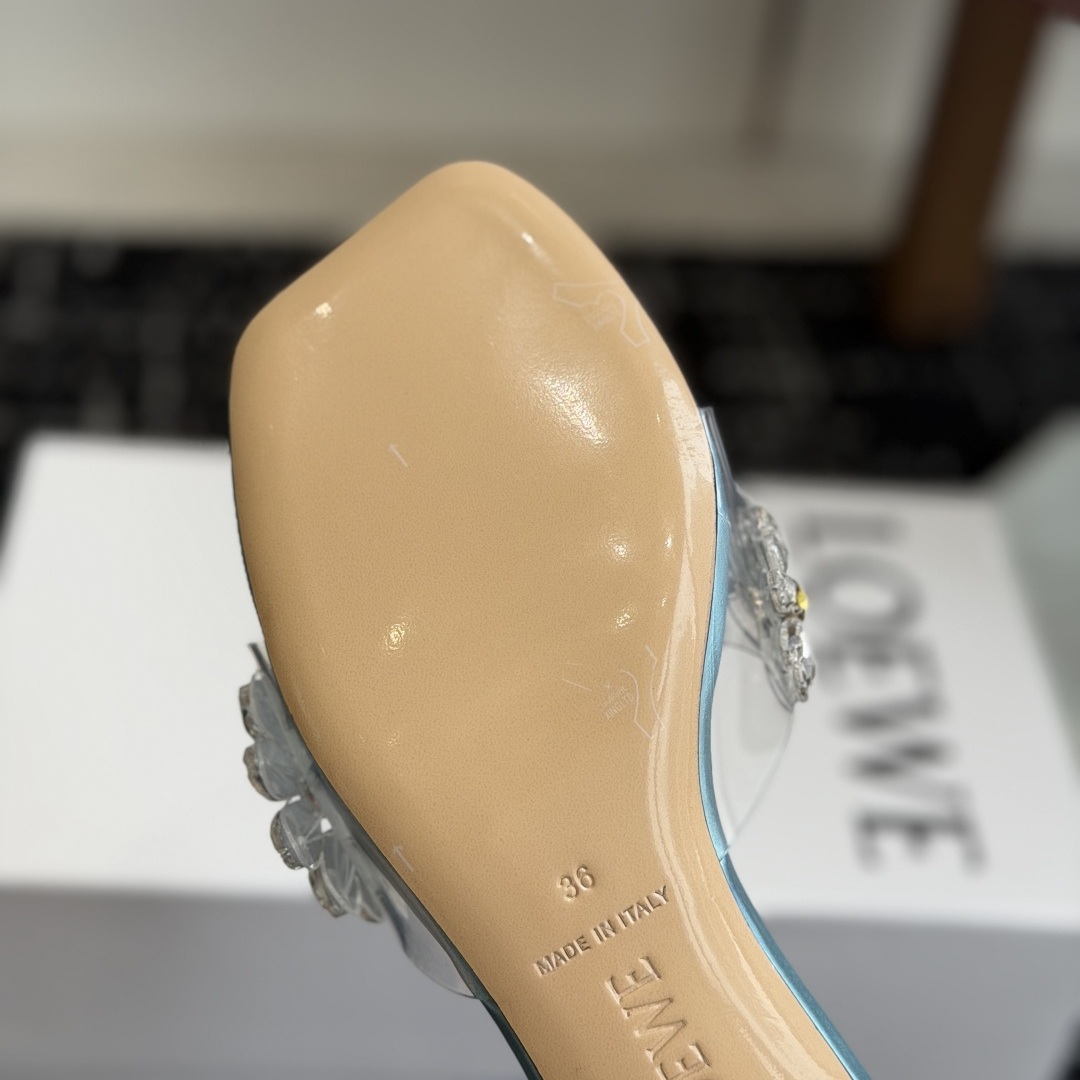 Loewe Crystal Flower High Heel Open-Toe Slide Slippers in Crystal PVC with Italian Leather Sole