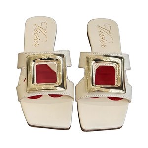 Roger Vivier Buckle-Trim Square Toe Leather Flat Sandals for Women
