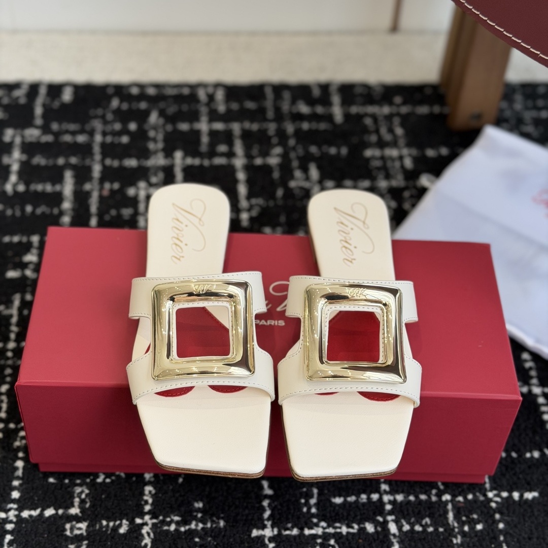 Roger Vivier Buckle-Trim Square Toe Leather Flat Sandals for Women