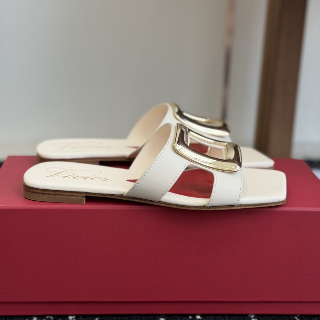 Roger Vivier Buckle-Trim Square Toe Leather Flat Sandals for Women