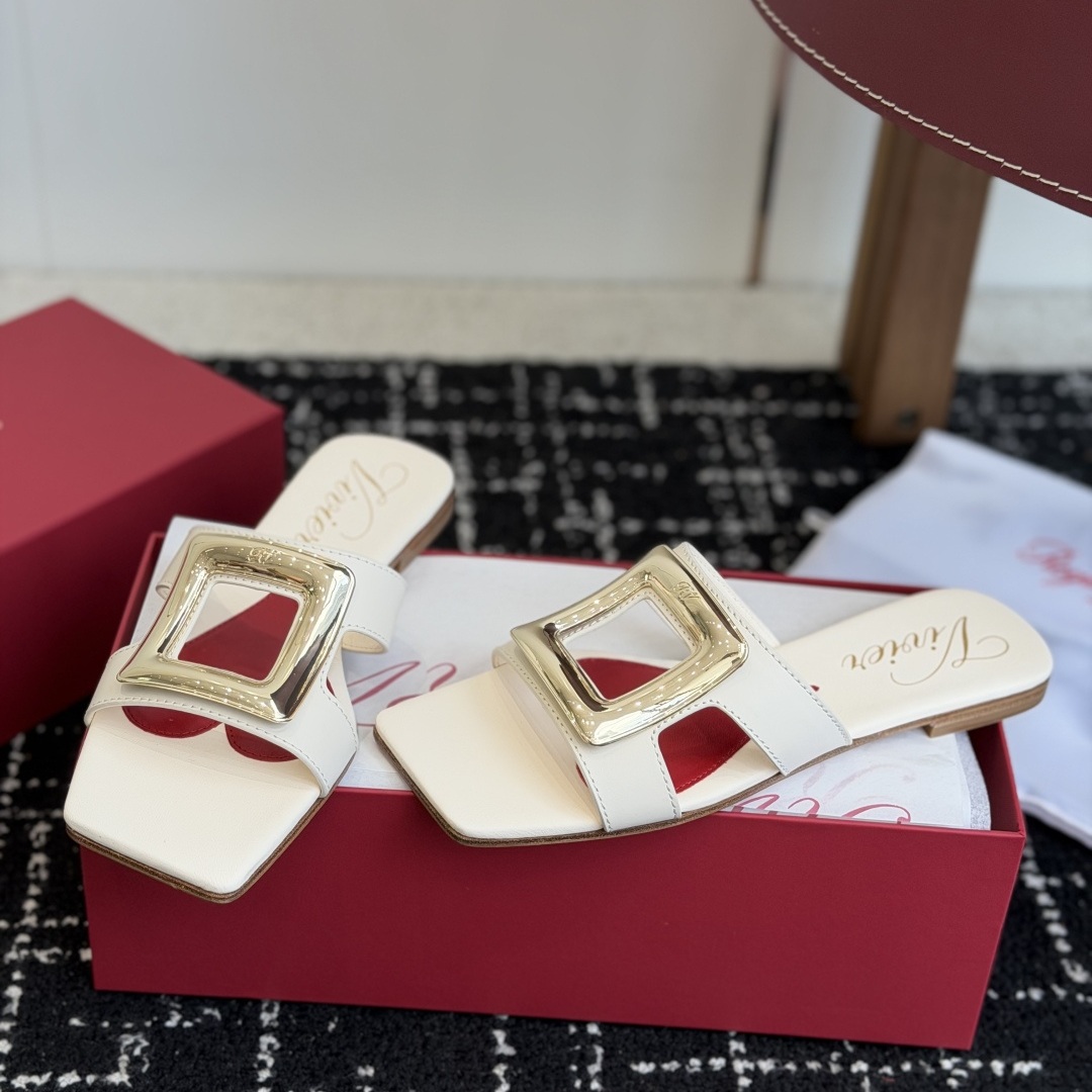 Roger Vivier Buckle-Trim Square Toe Leather Flat Sandals for Women
