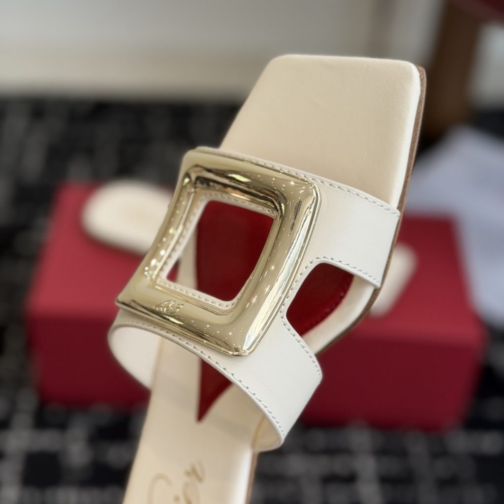 Roger Vivier Buckle-Trim Square Toe Leather Flat Sandals for Women