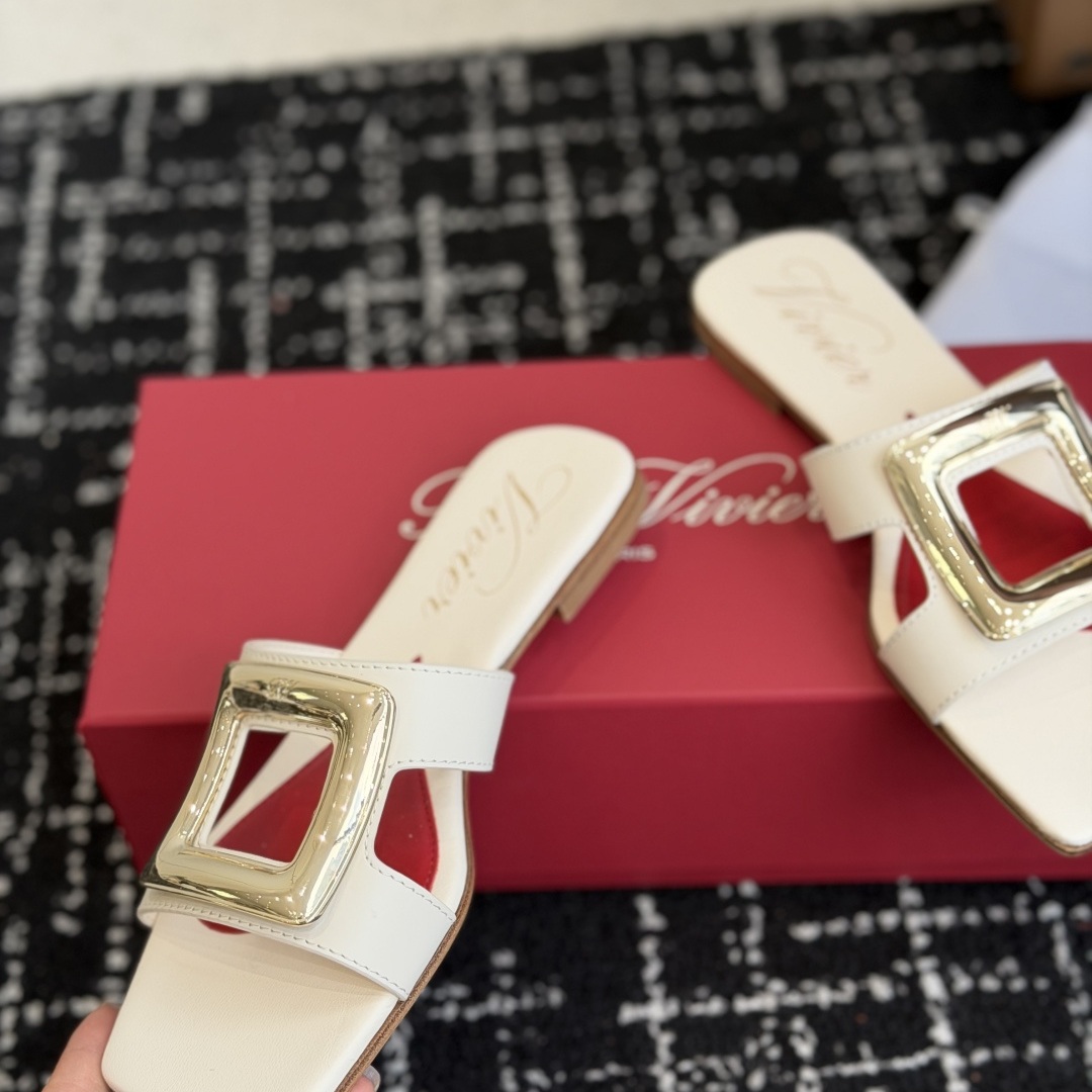 Roger Vivier Buckle-Trim Square Toe Leather Flat Sandals for Women