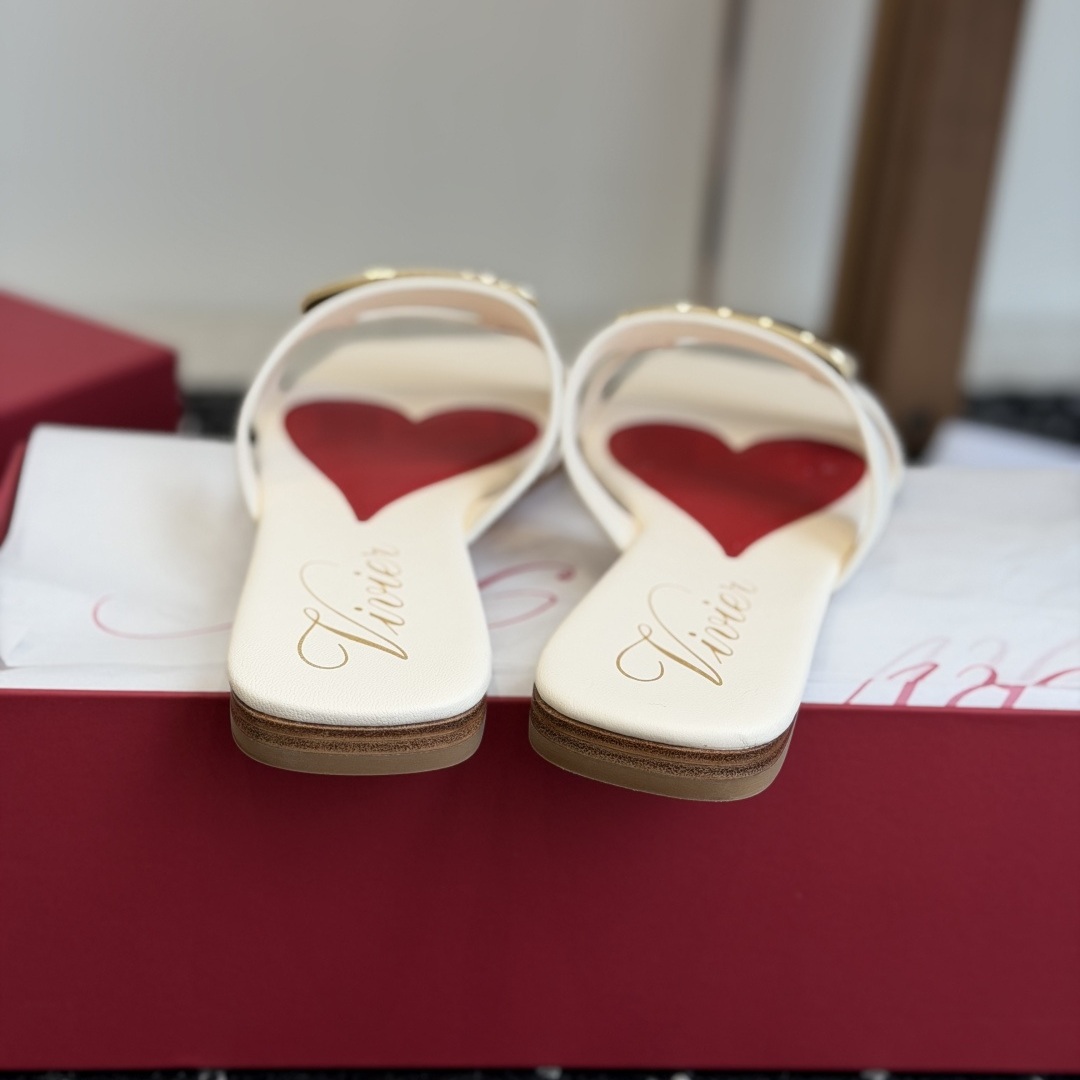 Roger Vivier Buckle-Trim Square Toe Leather Flat Sandals for Women
