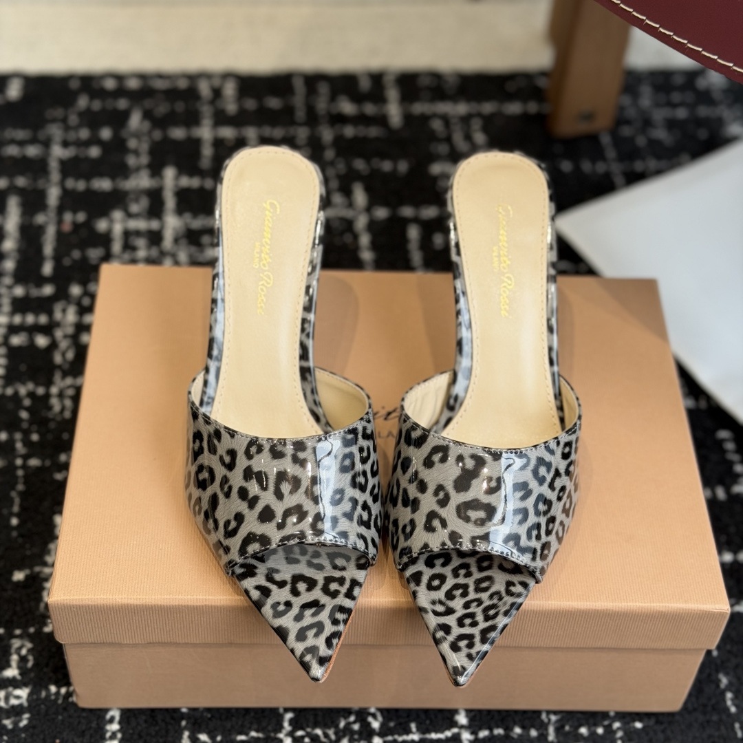 Gianvito Rossi Pointed-Toe Crystal Mesh Strap High Heel Mule Sandals