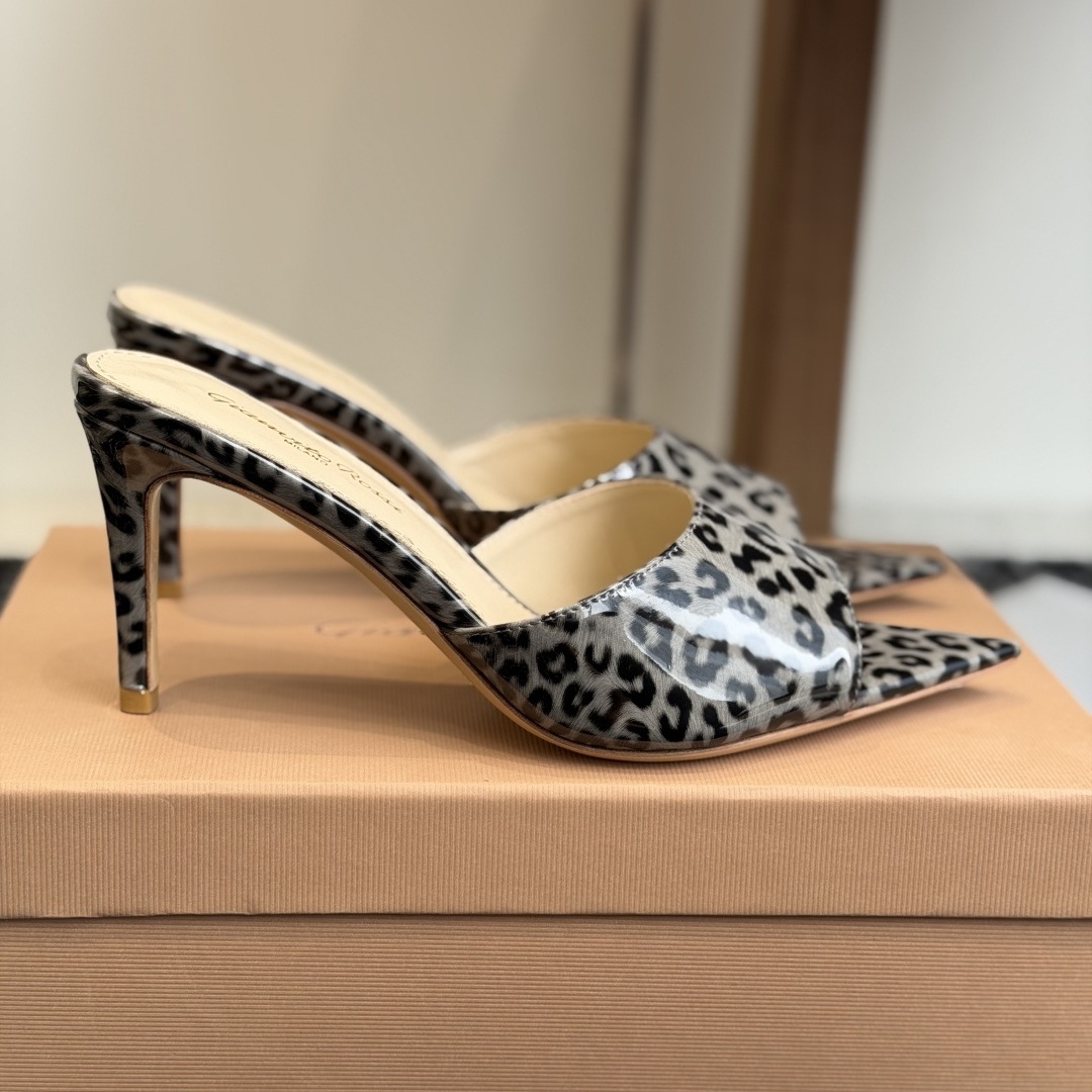 Gianvito Rossi Pointed-Toe Crystal Mesh Strap High Heel Mule Sandals