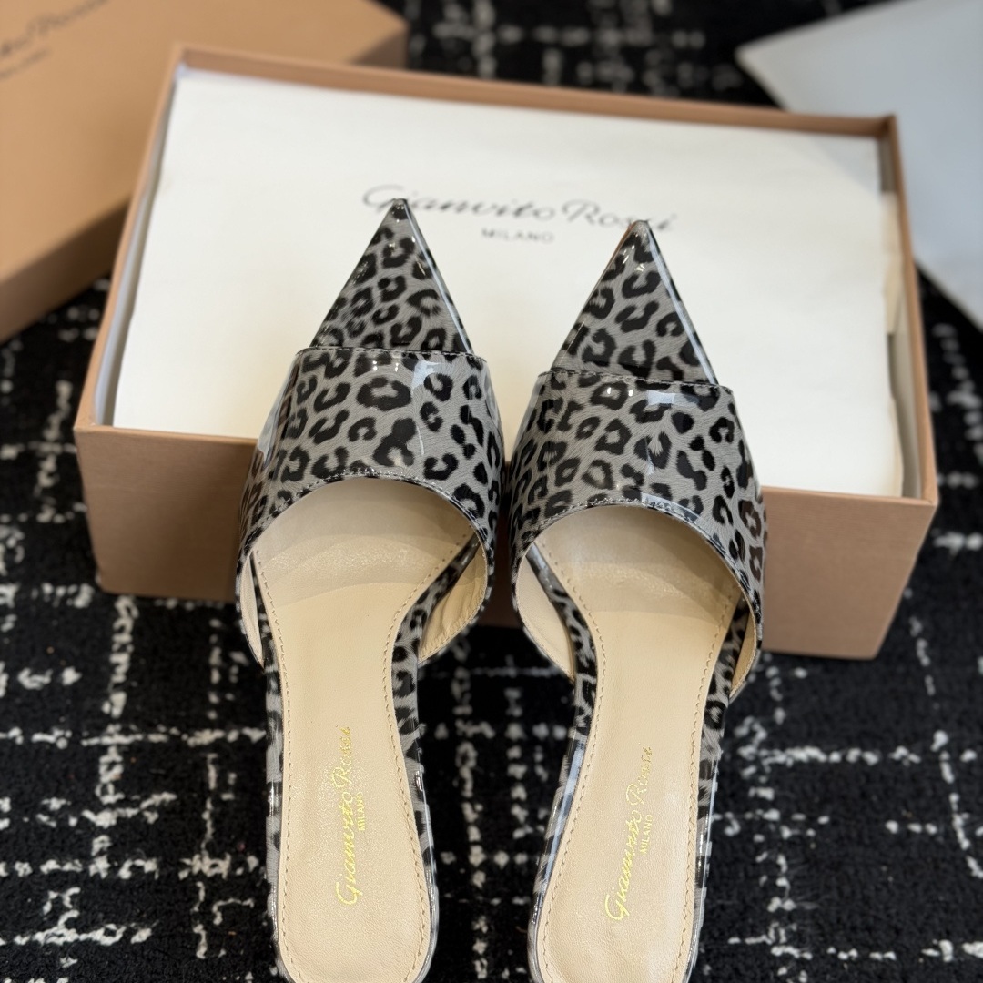 Gianvito Rossi Pointed-Toe Crystal Mesh Strap High Heel Mule Sandals