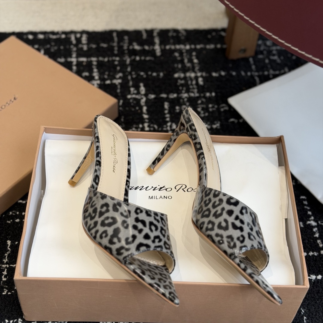 Gianvito Rossi Pointed-Toe Crystal Mesh Strap High Heel Mule Sandals