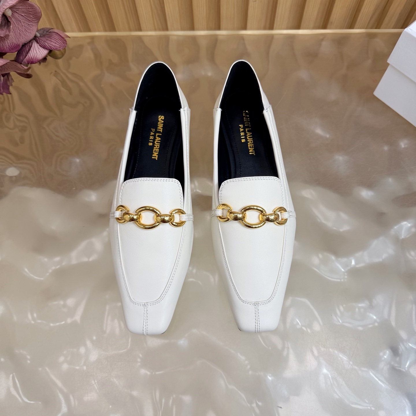 YSL Saint Laurent Pointed-Toe Gold Chain Trim Mule Slippers in Patent Lambskin with Italian Leather Sole