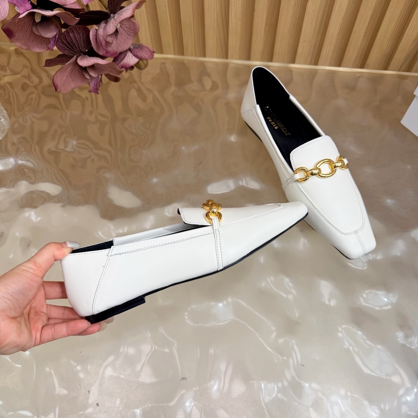 YSL Saint Laurent Pointed-Toe Gold Chain Trim Mule Slippers in Patent Lambskin with Italian Leather Sole