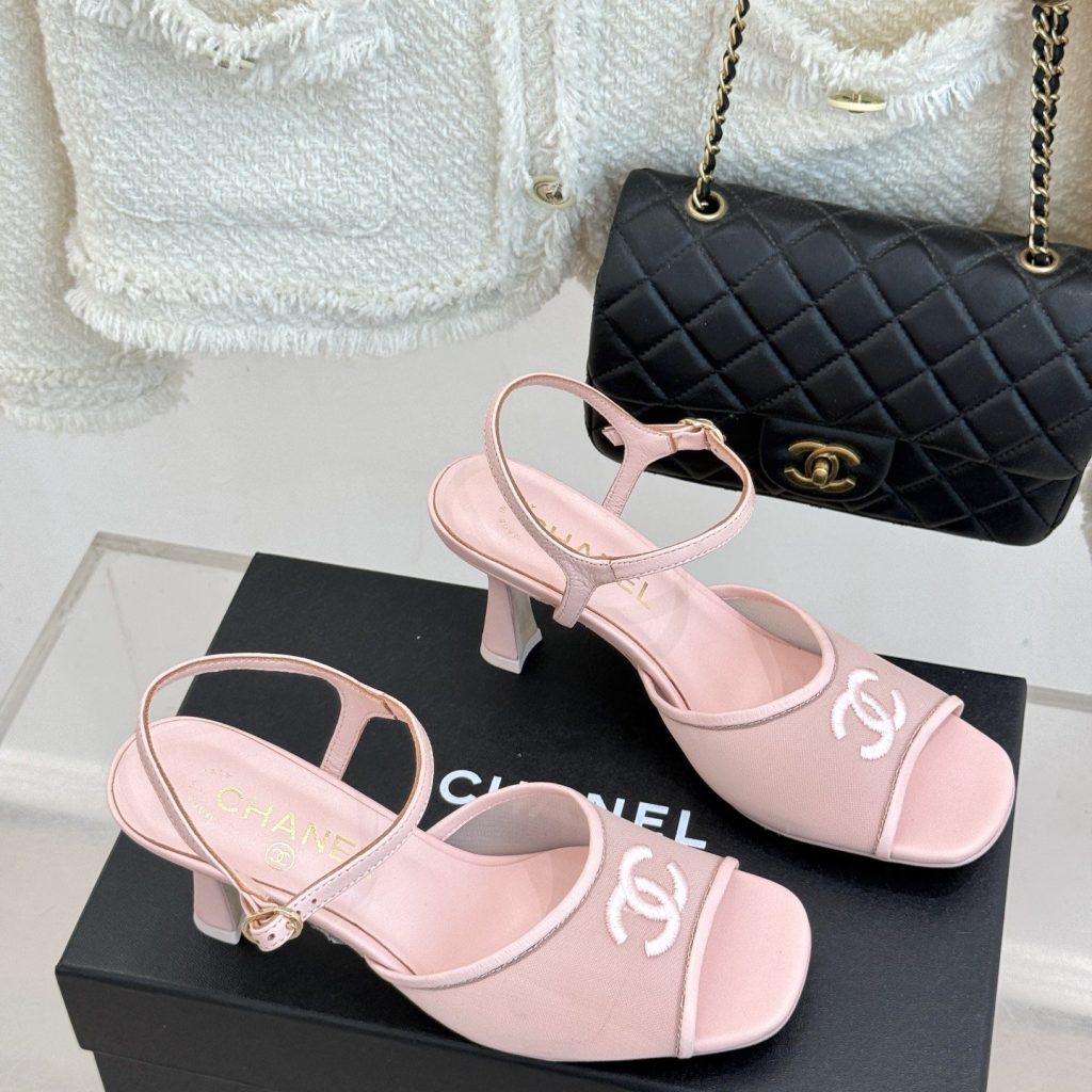CHANEL CC Logo Mesh Ankle-Strap Pointed Toe Stiletto Heel Sandals