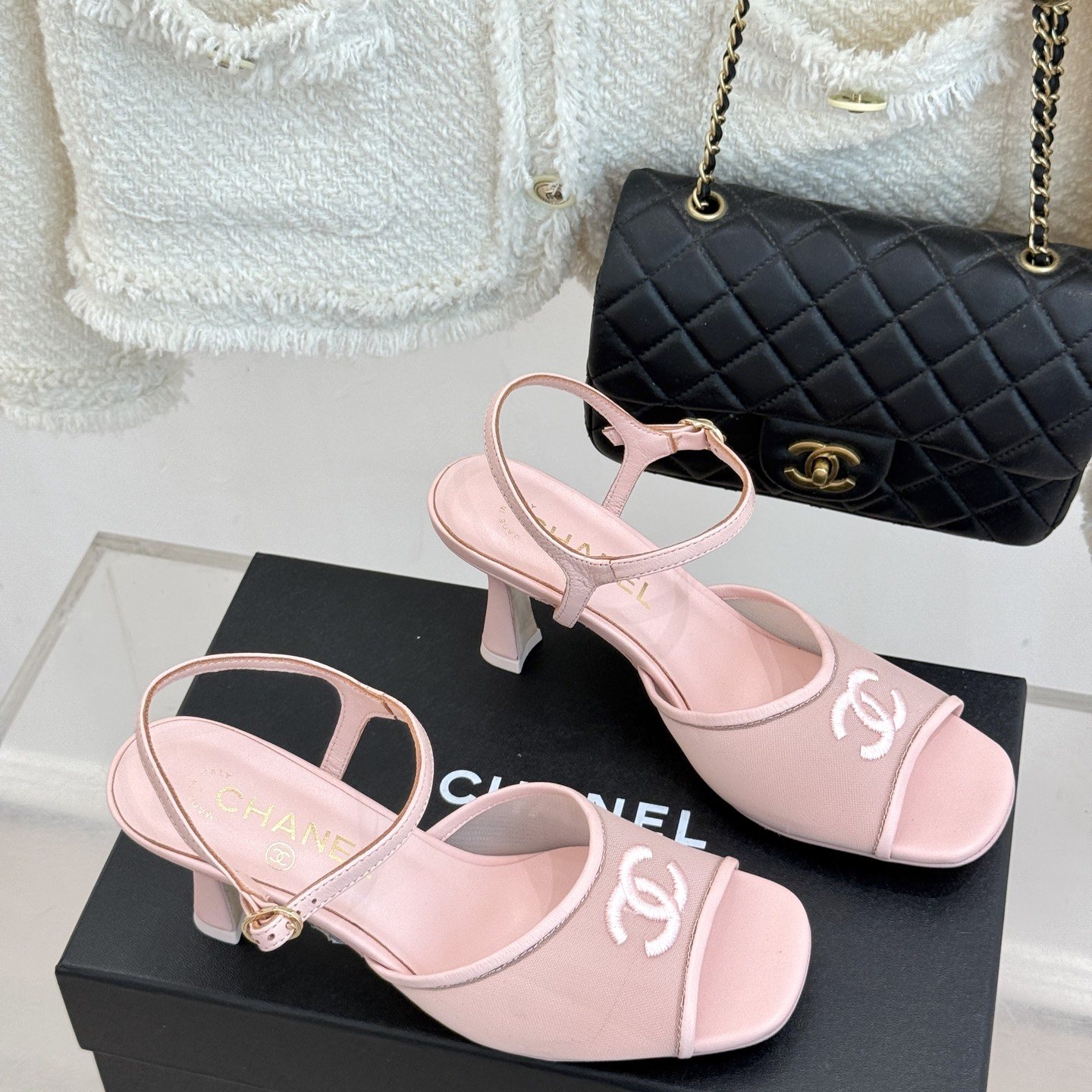 CHANEL CC Logo Mesh Ankle-Strap Pointed Toe Stiletto Heel Sandals