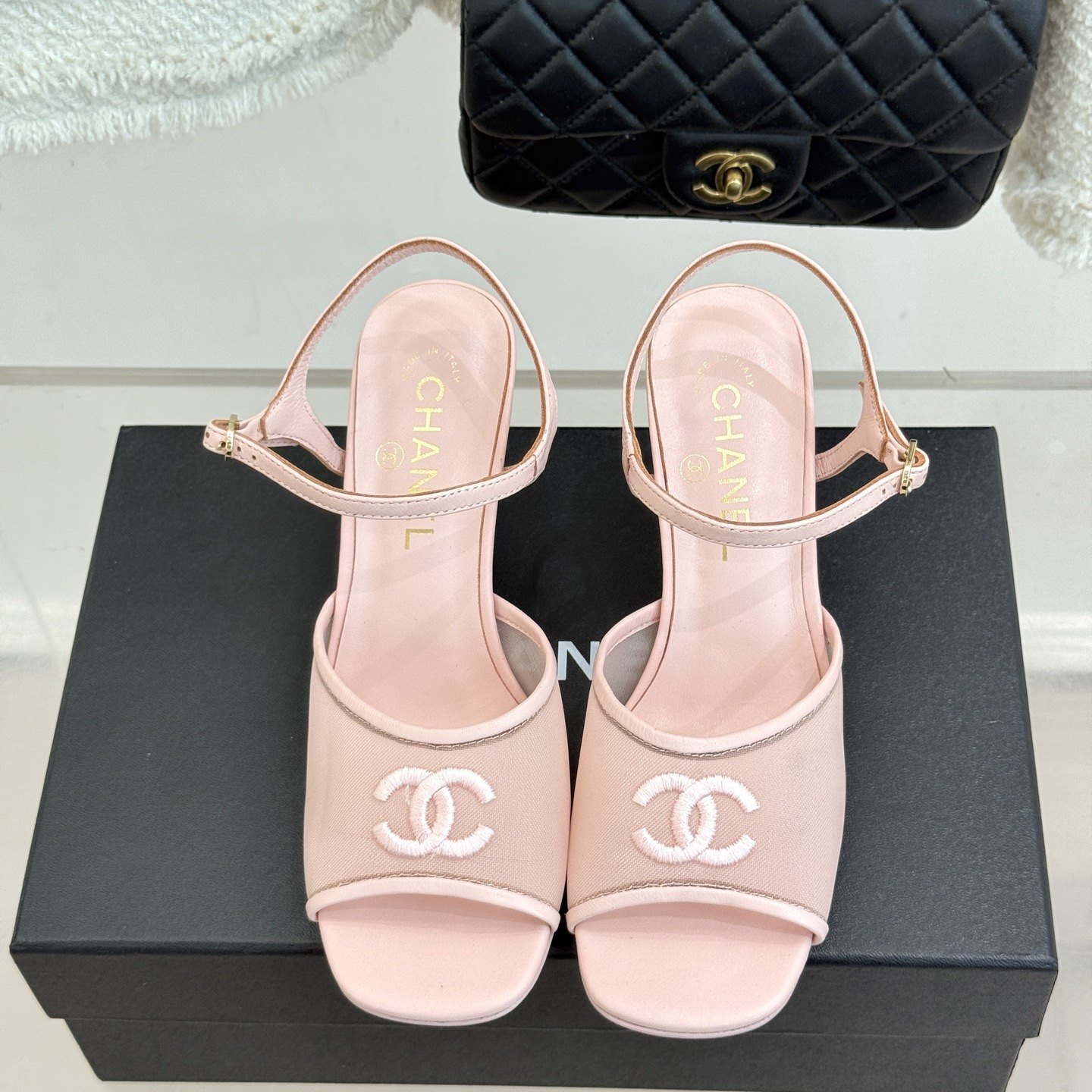 CHANEL CC Logo Mesh Ankle-Strap Pointed Toe Stiletto Heel Sandals