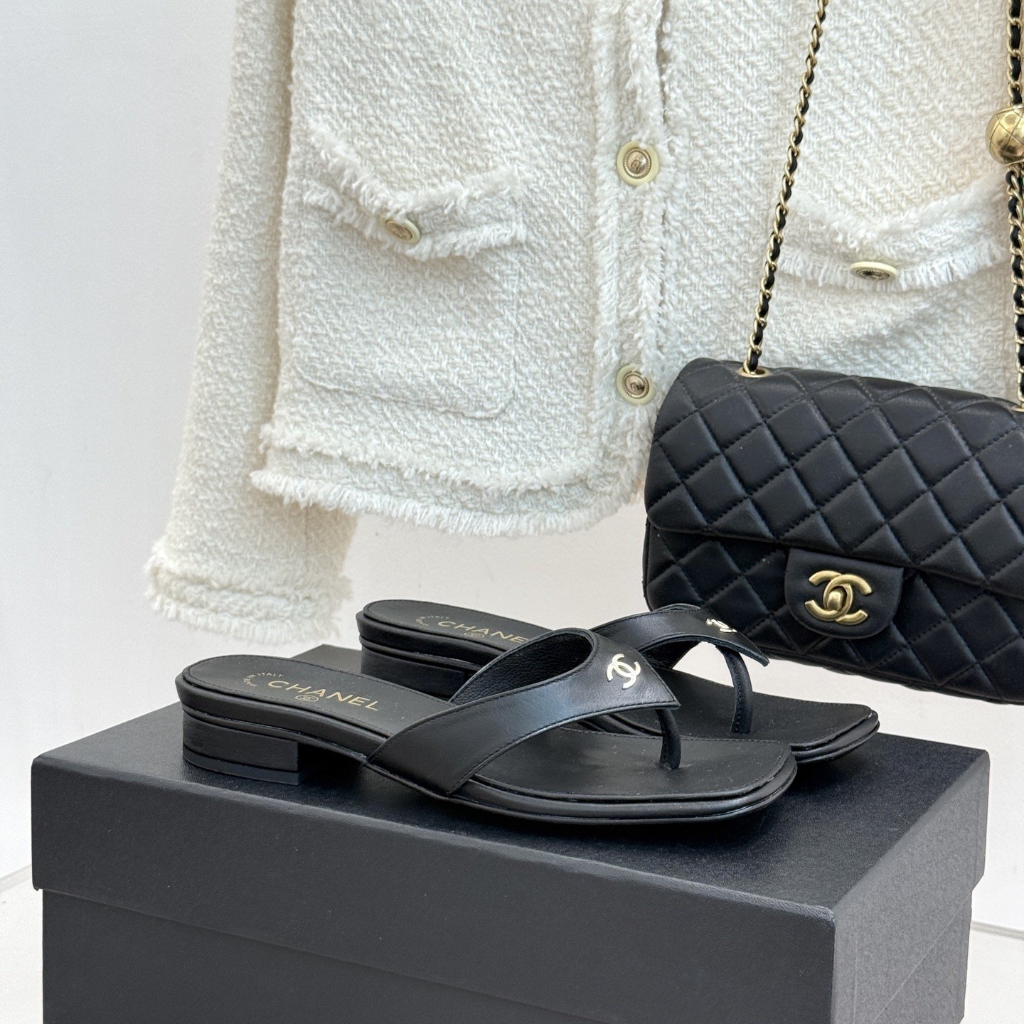 CHANEL CC Logo Gold Toe Post Block Heel Slippers in Full-grain Lambskin with Italian Leather Sole