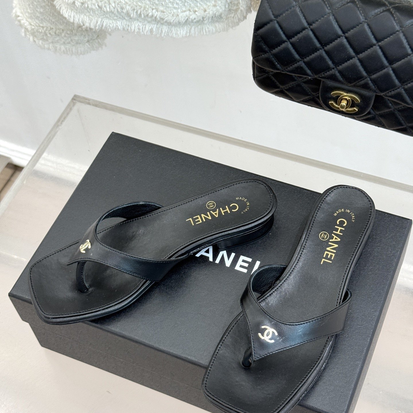 CHANEL CC Logo Gold Toe Post Block Heel Slippers in Full-grain Lambskin with Italian Leather Sole