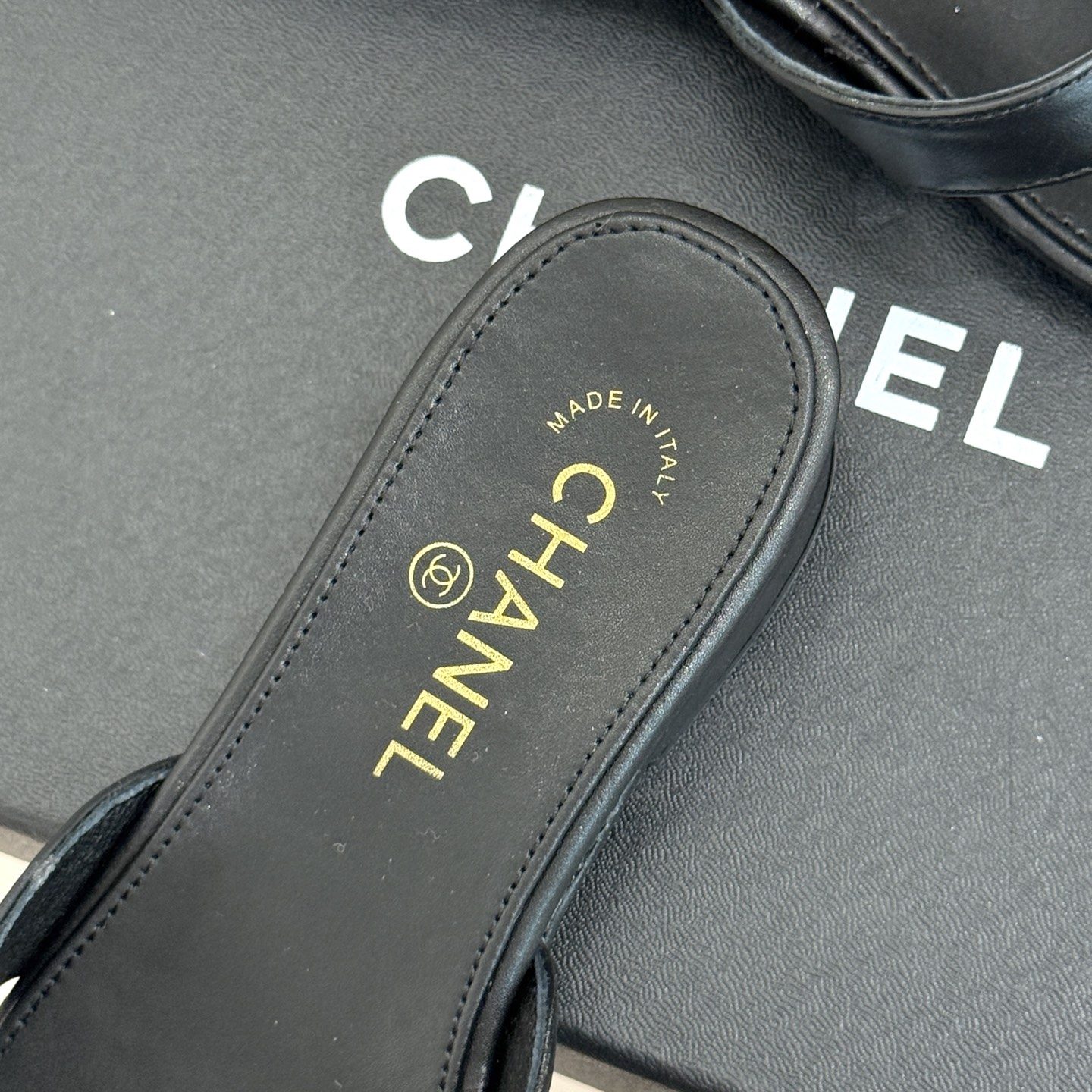 CHANEL CC Logo Gold Toe Post Block Heel Slippers in Full-grain Lambskin with Italian Leather Sole