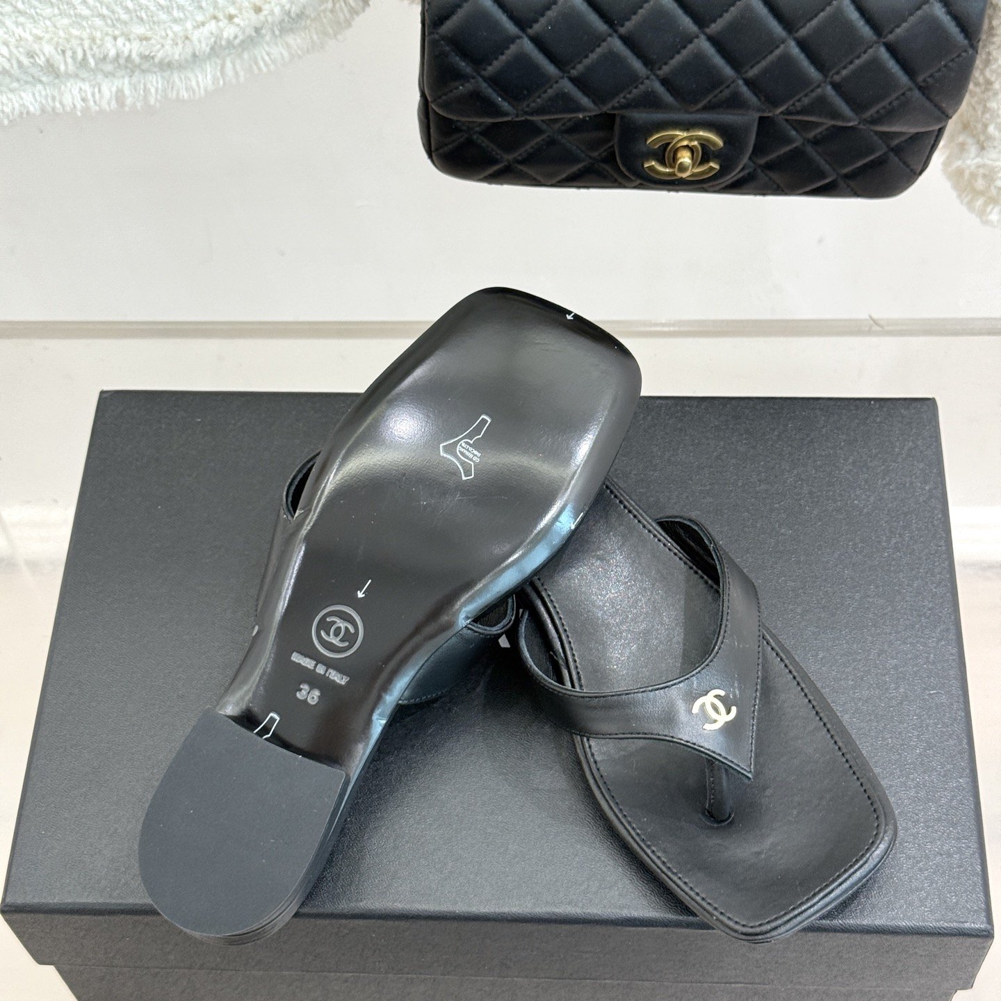 CHANEL CC Logo Gold Toe Post Block Heel Slippers in Full-grain Lambskin with Italian Leather Sole