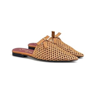 CHANEL CC Logo Bow Woven Pointed Toe Flat Mule in Full-grain Lambskin with Italian Leather Sole
