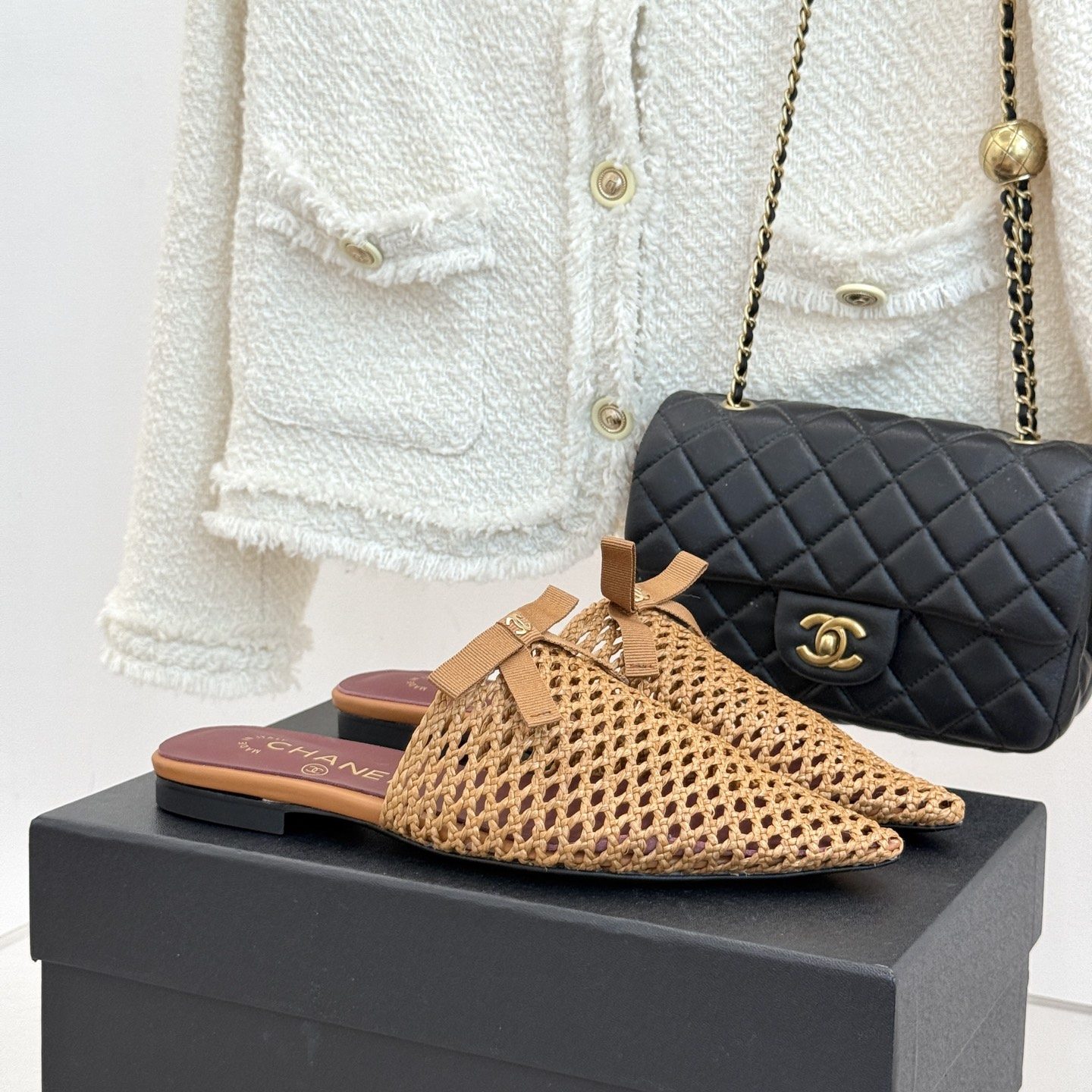 CHANEL CC Logo Bow Woven Pointed Toe Flat Mule in Full-grain Lambskin with Italian Leather Sole