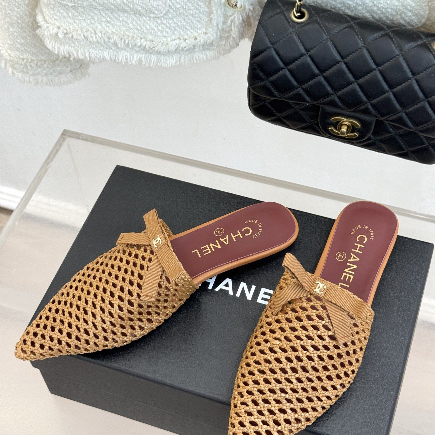 CHANEL CC Logo Bow Woven Pointed Toe Flat Mule in Full-grain Lambskin with Italian Leather Sole
