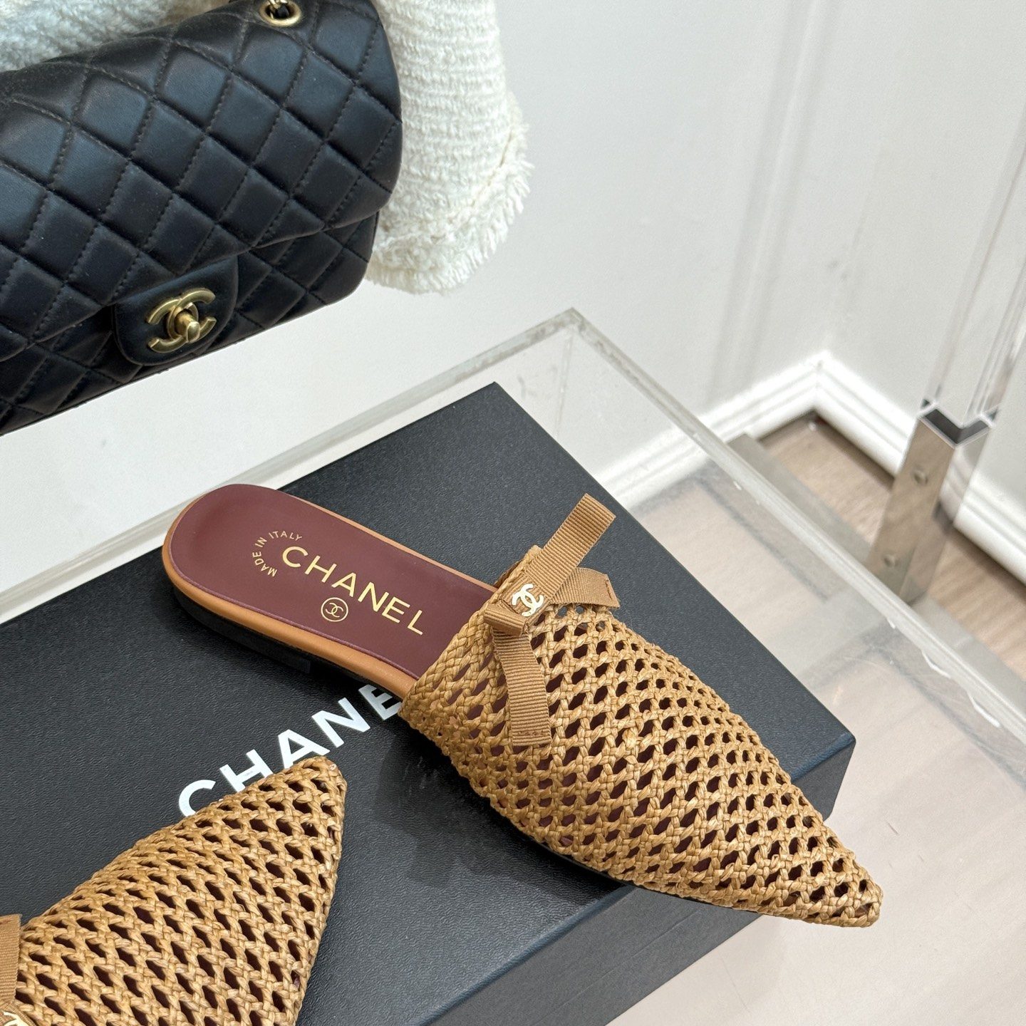 CHANEL CC Logo Bow Woven Pointed Toe Flat Mule in Full-grain Lambskin with Italian Leather Sole