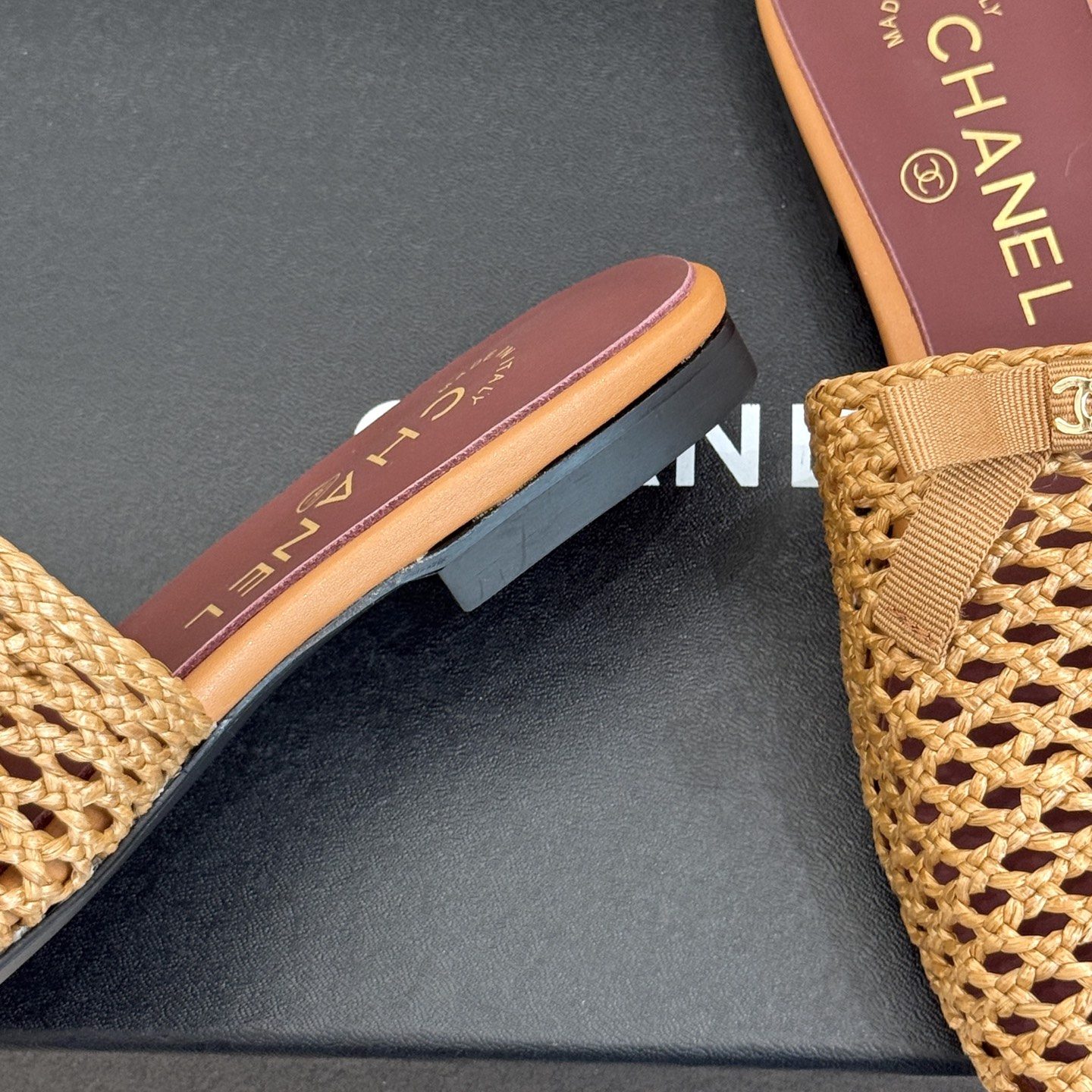 CHANEL CC Logo Bow Woven Pointed Toe Flat Mule in Full-grain Lambskin with Italian Leather Sole