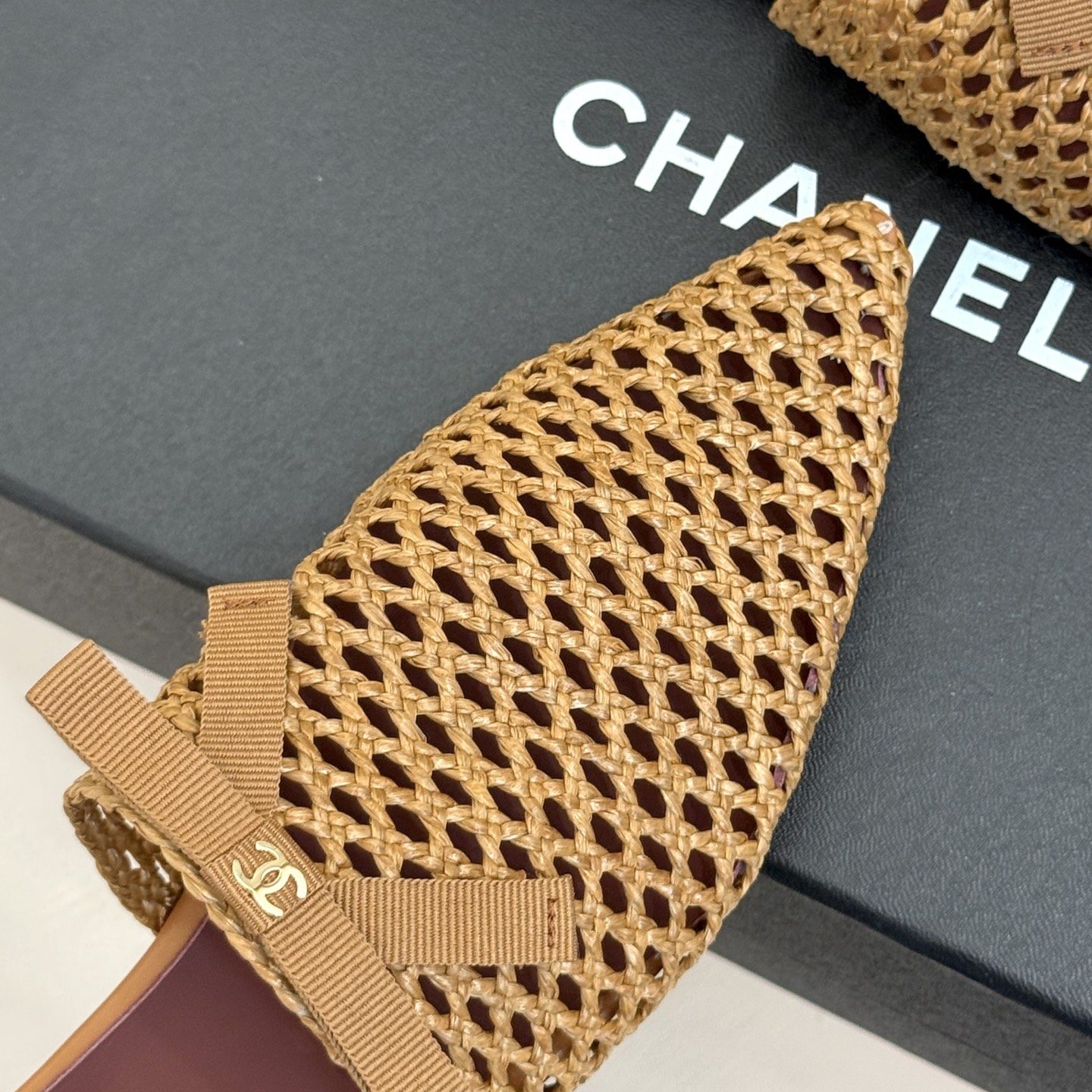 CHANEL CC Logo Bow Woven Pointed Toe Flat Mule in Full-grain Lambskin with Italian Leather Sole