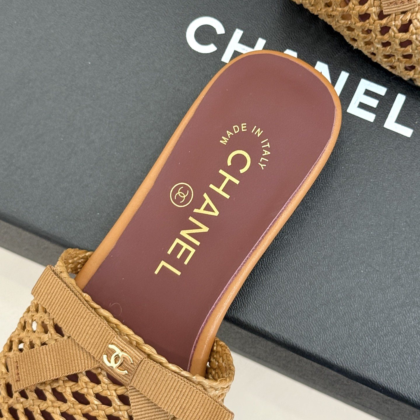 CHANEL CC Logo Bow Woven Pointed Toe Flat Mule in Full-grain Lambskin with Italian Leather Sole