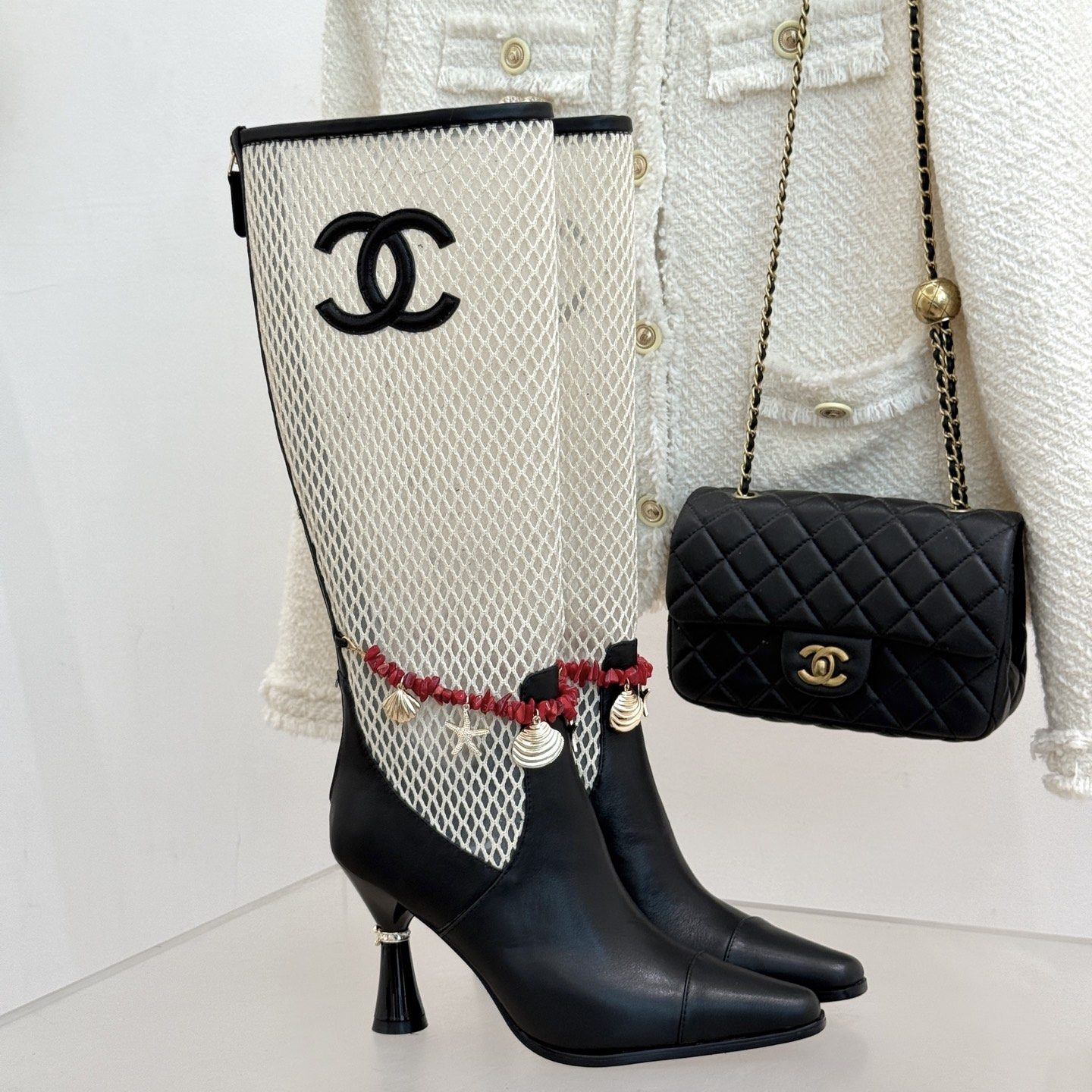 CHANEL Double C Openwork Chain High Heel Short Boots in Lambskin with Italian Leather Sole