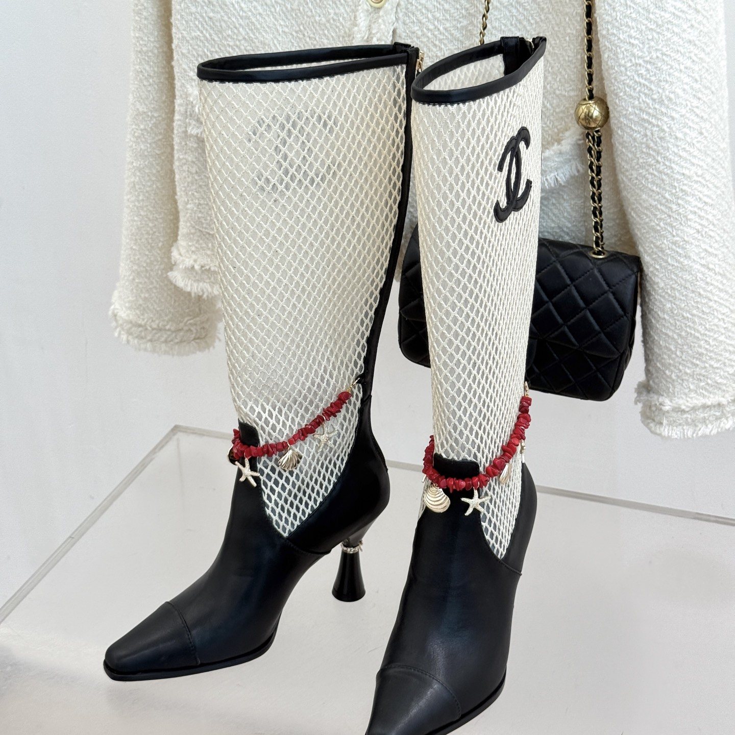CHANEL Double C Openwork Chain High Heel Short Boots in Lambskin with Italian Leather Sole