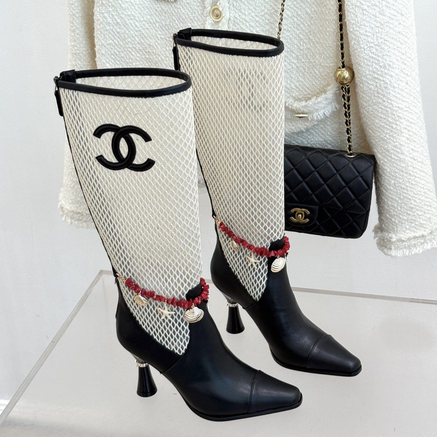 CHANEL Double C Openwork Chain High Heel Short Boots in Lambskin with Italian Leather Sole
