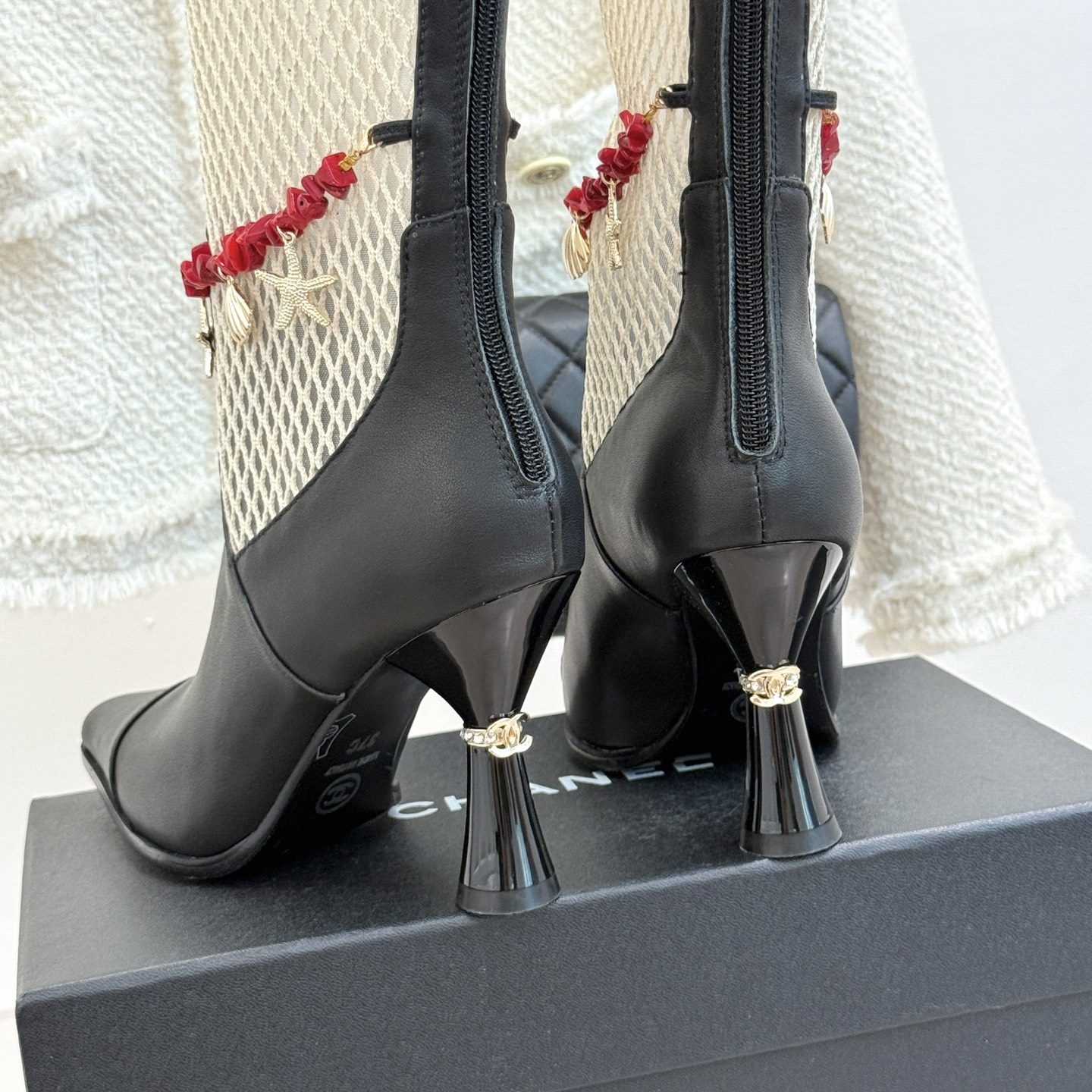 CHANEL Double C Openwork Chain High Heel Short Boots in Lambskin with Italian Leather Sole