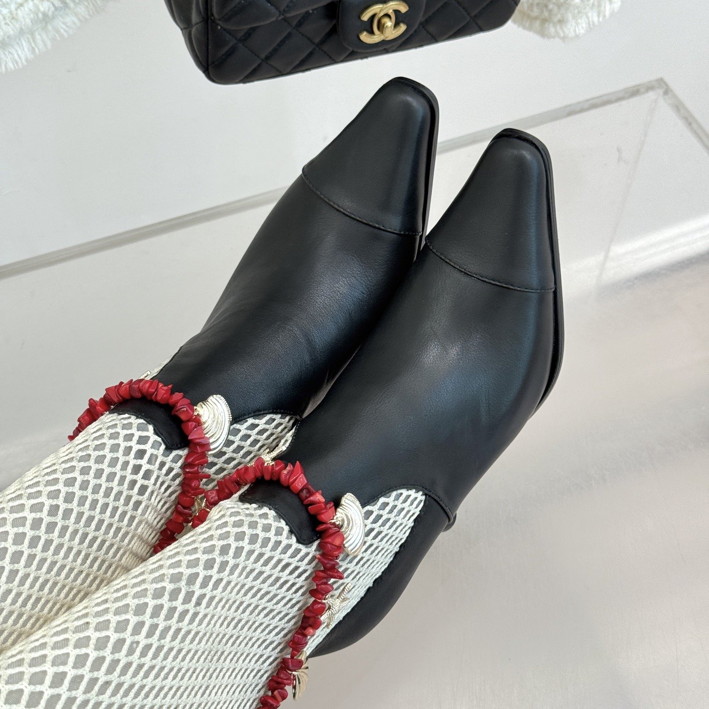 CHANEL Double C Openwork Chain High Heel Short Boots in Lambskin with Italian Leather Sole