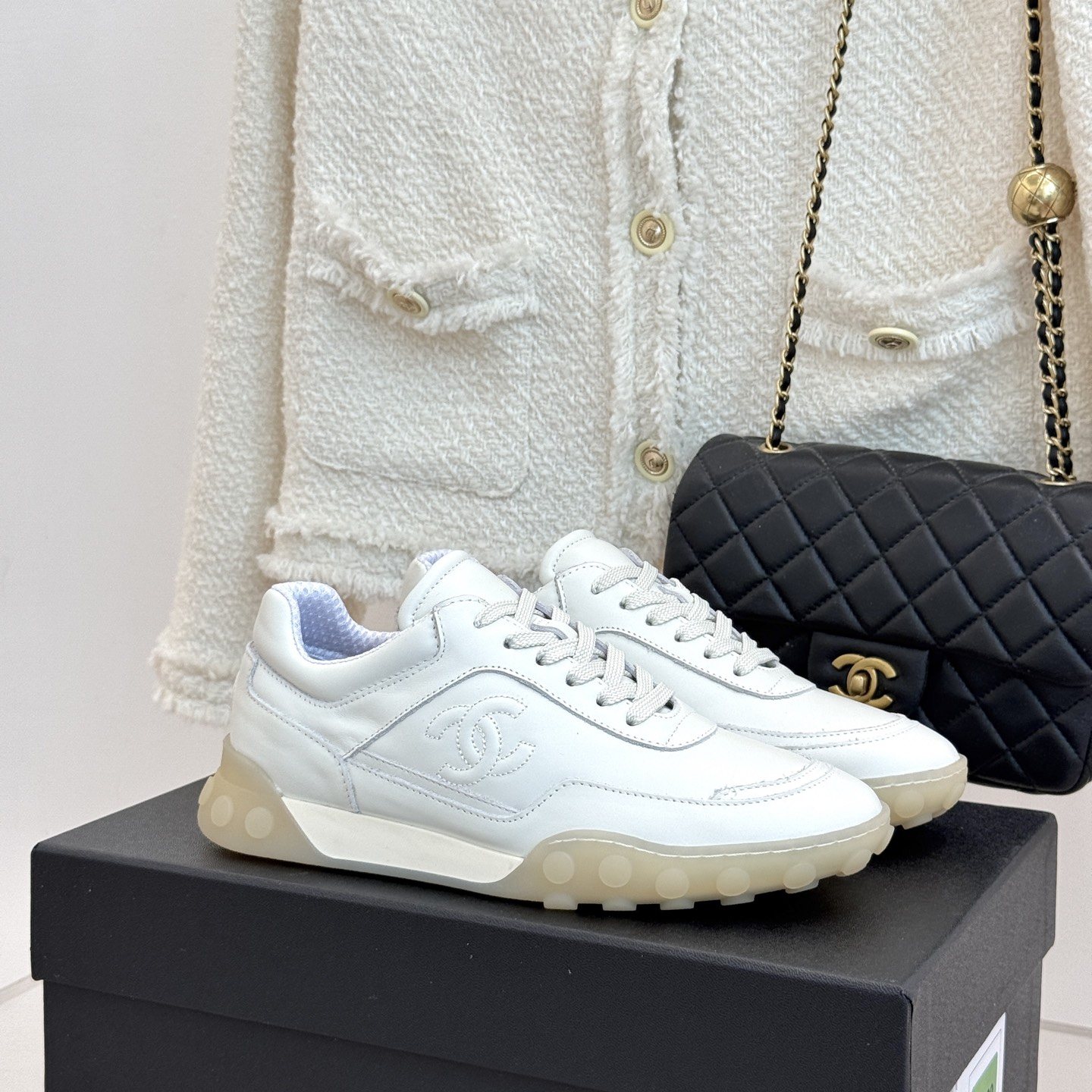 CHANEL Double C Logo Retro Trainer Sneakers in Suede Calfskin and Fabric with Lightweight TPU Sole