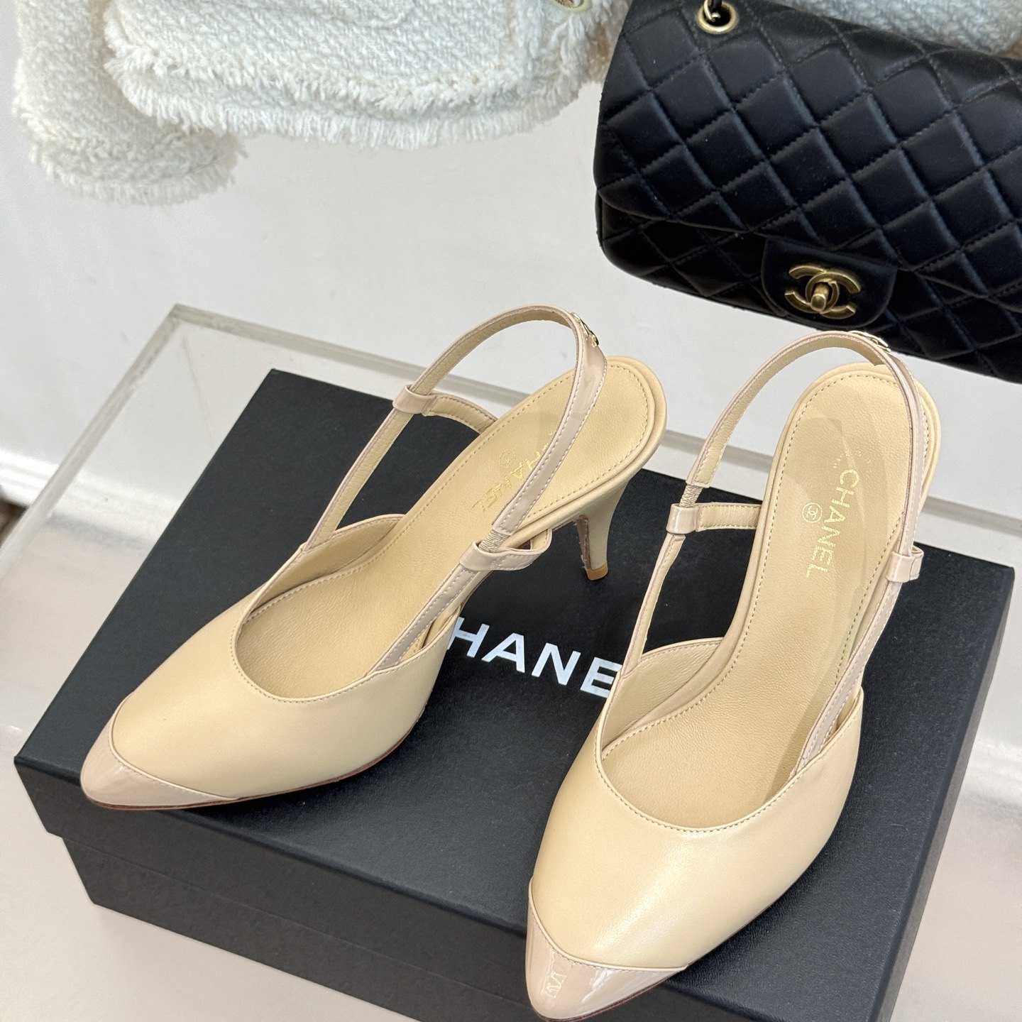 CHANEL Two-tone Pointed Toe Ankle-strap Stiletto Heel Sandals in Lambskin with Italian Leather Sole