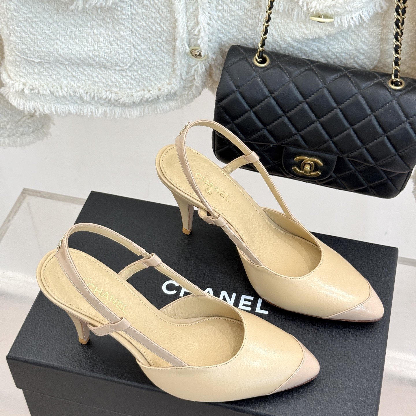 CHANEL Two-tone Pointed Toe Ankle-strap Stiletto Heel Sandals in Lambskin with Italian Leather Sole