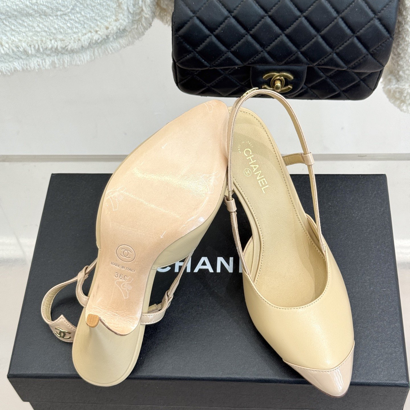 CHANEL Two-tone Pointed Toe Ankle-strap Stiletto Heel Sandals in Lambskin with Italian Leather Sole